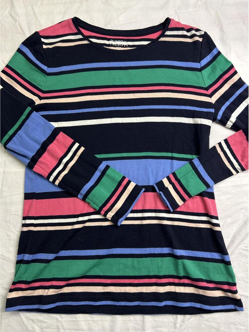 Talbots Petite MP Navy Pink Green Striped Long Sleeve Shirt 100% Cotton